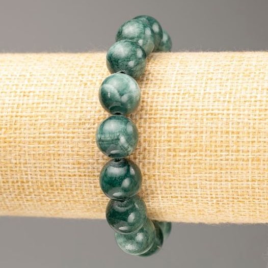 Brățară pe elastic din cuarț nuanțat în viridian, bile netede din acrilic, diametrul 12,5 mm, lungime 18 cm