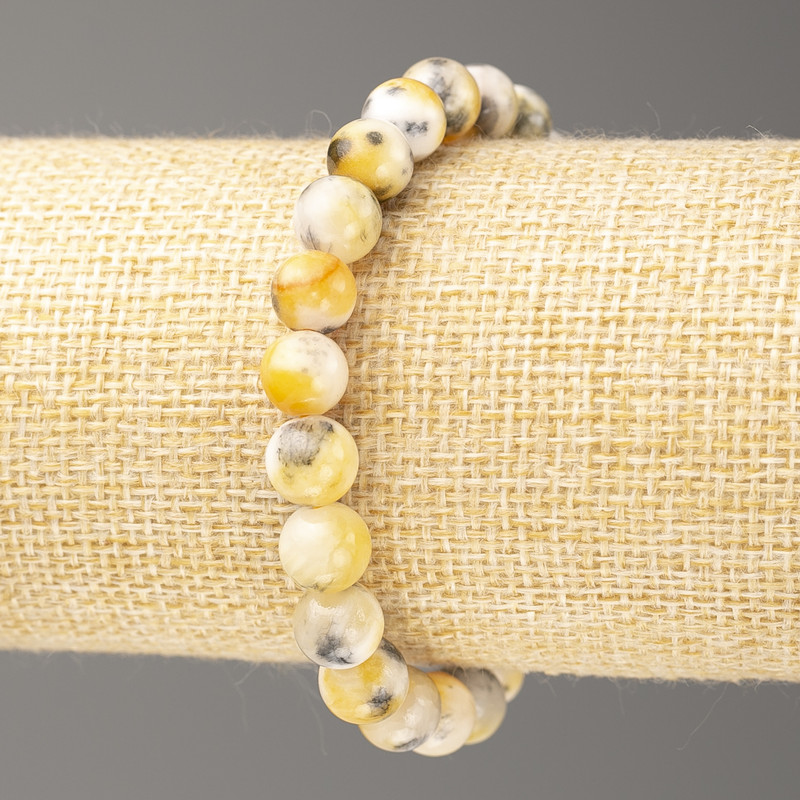 Brățară gri-galben-alb «Nefrit Oceanic» (acrilic artificial), diametrul 8 mm, lungime 18 cm, mărgele netede pe elastic