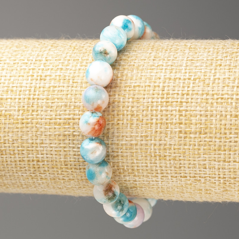 Brățară Nefrit Oceanic din acril, mărgele de 8 mm, lungime 18 cm, pe elastic, culoare albastru-cupru-alb, netede