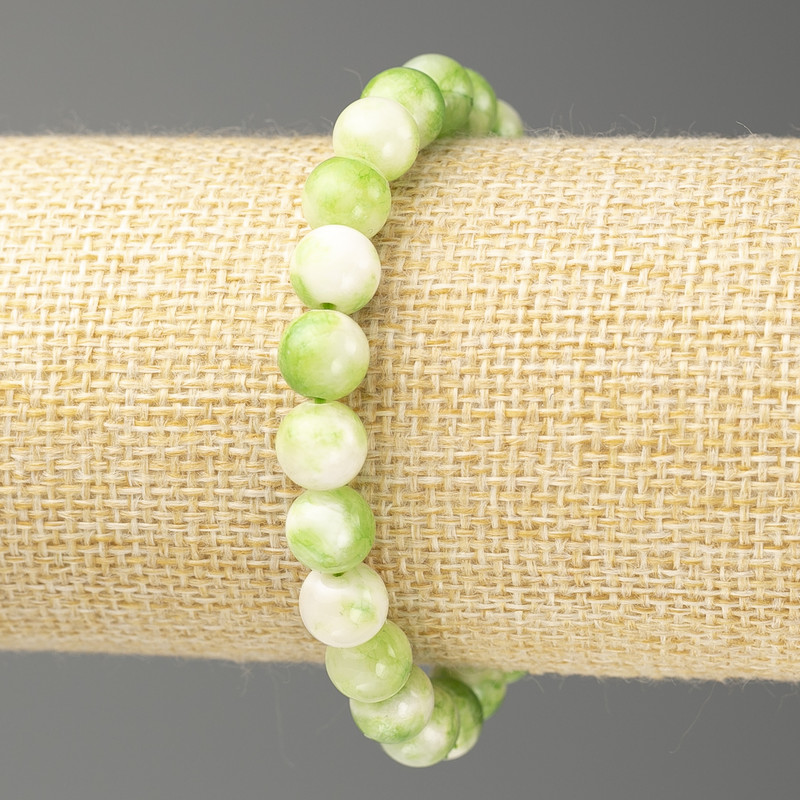 Brățară verde-alb oceanic nefrit (acrilic artificial), diametrul 8 mm, lungime 18 cm, mărgele lucioase pe elastic