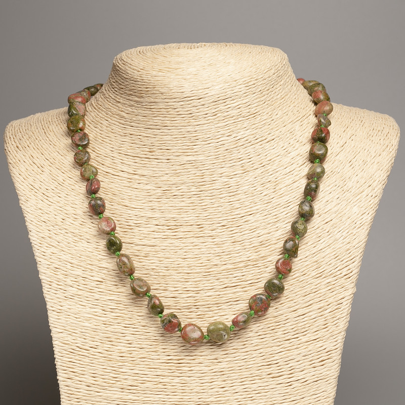 Colier din unakit jasper, cu fațetare, diametrul 5×8-10 mm, lungime 50 cm