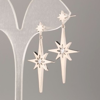 Cercei Xuping în formă de steluțe cu pietre albe, diametrul 22 mm, lungime 4,5 cm, rodiu
