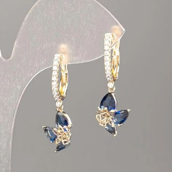 Cercei Xuping placare cu aur 18K, piatră albastră, strasuri albe 30x10 mm