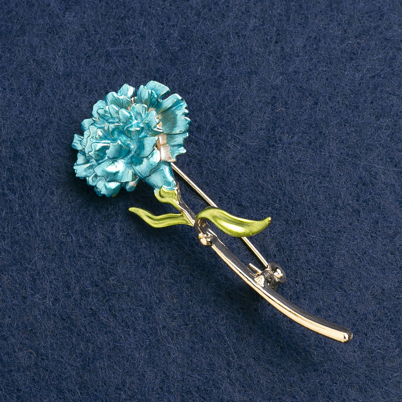Broșă Floare de garoafă email albastru, metal auriu 59x24mm