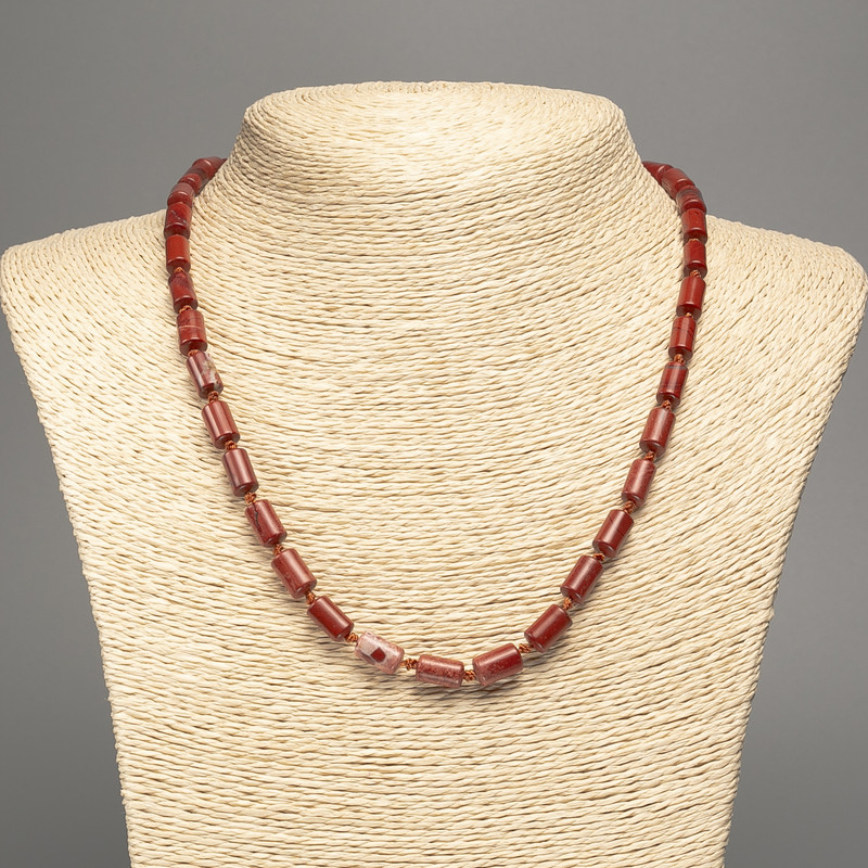 Colier din jasper roșu, piatră naturală, cilindru neted, diametru 10x6 mm, lungime 49 cm