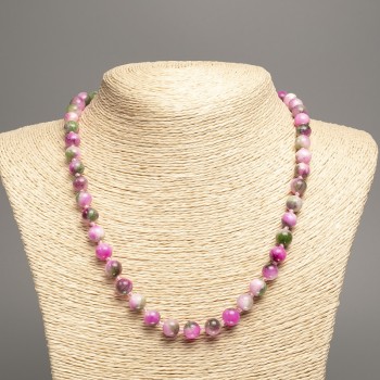 Colier «Culorile verii» cu mărgele netede de 8 mm, în nuanțe alb-verde și roșu zmeură, lungime 50 cm ±, din piatră nefrit alb (colorat sintetic)