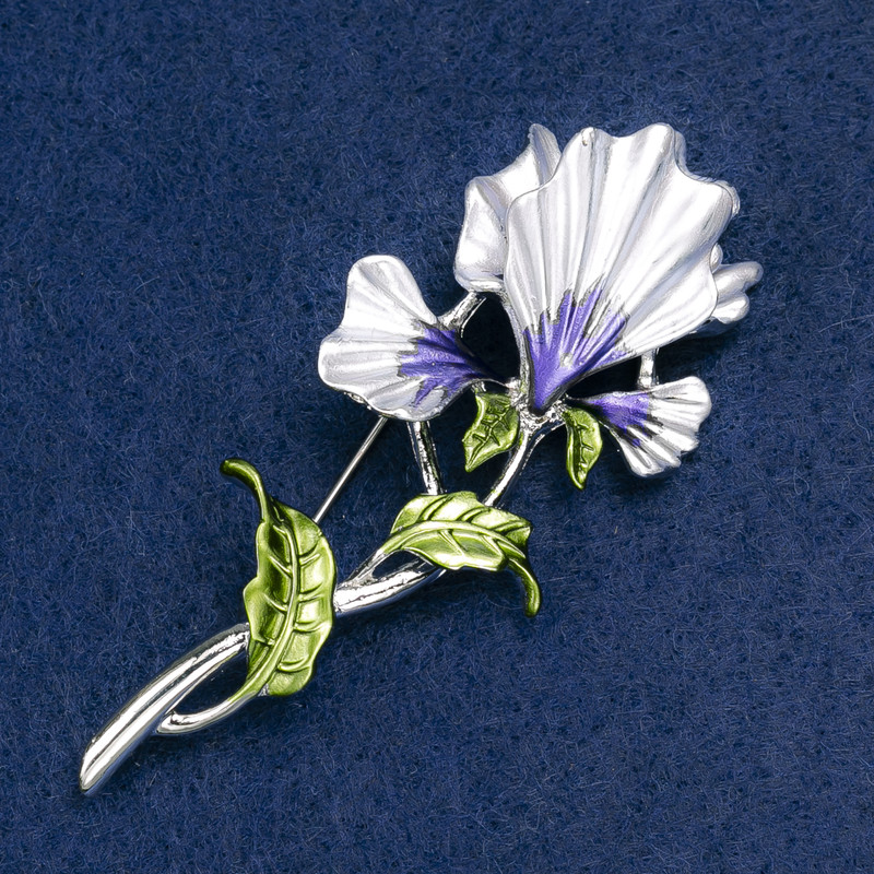 Broșă Iris mov și verde email, metal argintiu 78x34 mm