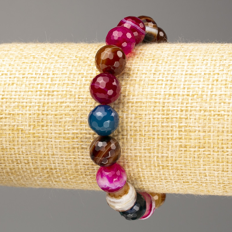 Brățară din agat multicolor, piatră naturală, mărgele tăiate cu fațete, diametrul de 10 mm (±), lungime 18 cm (elastic)