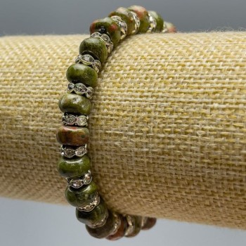 Brățară din jasmă heliotrop, piatră naturală, rondelle netede, diametrul 8×5 mm, lungime 18 cm (elastic), cu strasuri albe