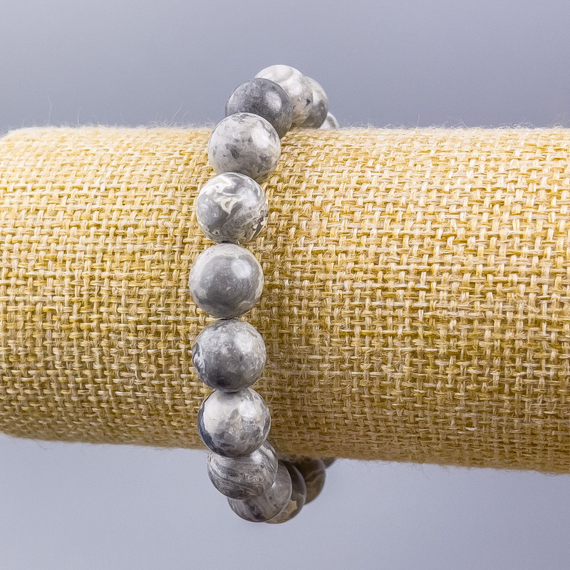 Brățară din jasper gri oceanic (acril lucios) cu bile netede, diametrul 10 mm, lungime 18 cm (elastic)