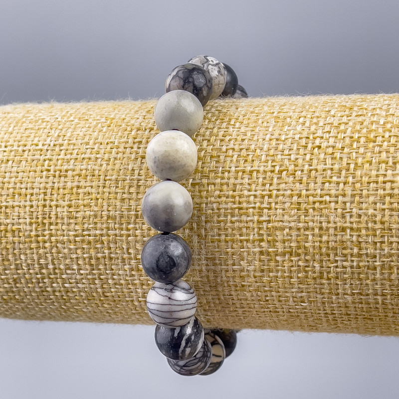 Brățară din jasper Picasso gri (acrilic artificial) cu bile netede, diametrul de 10 mm, lungime 18 cm (elastică)