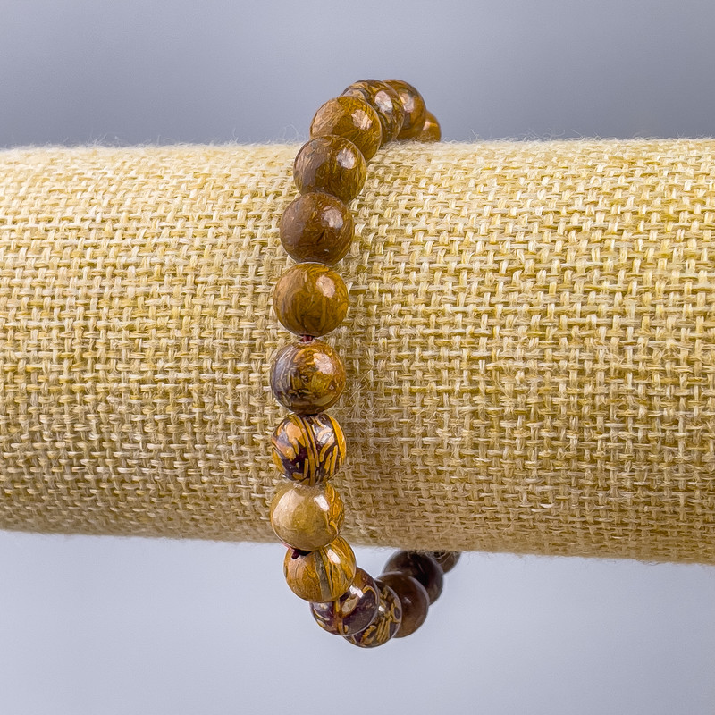Brățară din jasp cu bilă din lemn netedă, diametrul 8,5 mm, lungime 18 cm (elastic)