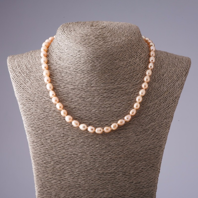 Colier din perle naturale de râu roz pal, diametrul 7x8 mm, lungime 45 cm