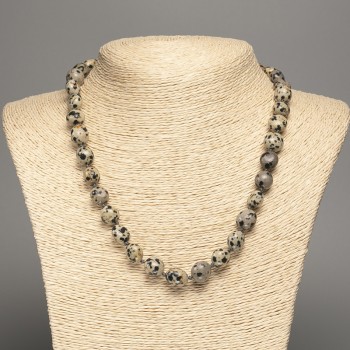 Colier din jasper dalmațian, cu fațetare rotundă, diametrul 10–11 mm, lungime 48 cm +