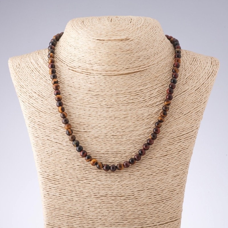 Colier cu ochi de tigru, ochi de bou și ochi de șoim, bile netede, diametrul de 6 mm, lungime 45 cm