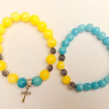 Brățară «Ucraina» pentru cuplu, acvamarin și citrin (acrilic artificial), mărgele netede din acrilic pe elastic, lungime 18 cm