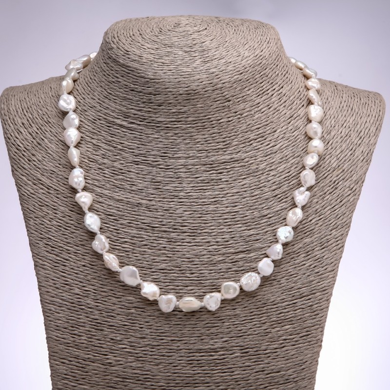 Colier din perle baroce de râu albe, diametru de aproximativ 8 mm, lungime 50 cm