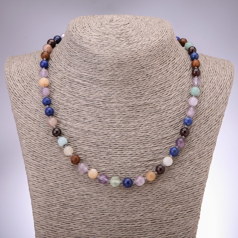 Colier din piatră naturală assortată, bile netede, diametrul 8 mm, lungime 48 cm