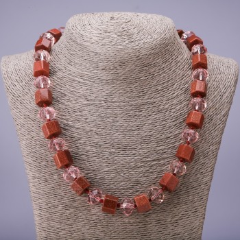 Colier din aventurin „nisip auriu” hexagonal, diametru 12 mm, rondell din cristal ceh, diametru 14x11 mm, lungime 50 cm