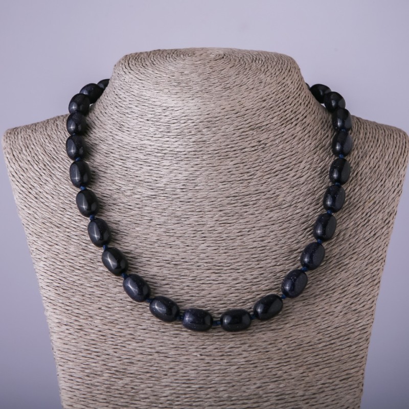 Colier din piatră de aventurin «Nisip albastru» noaptea Cairo, formă de butoi, diametrul 10×14 mm, lungime 47 cm
