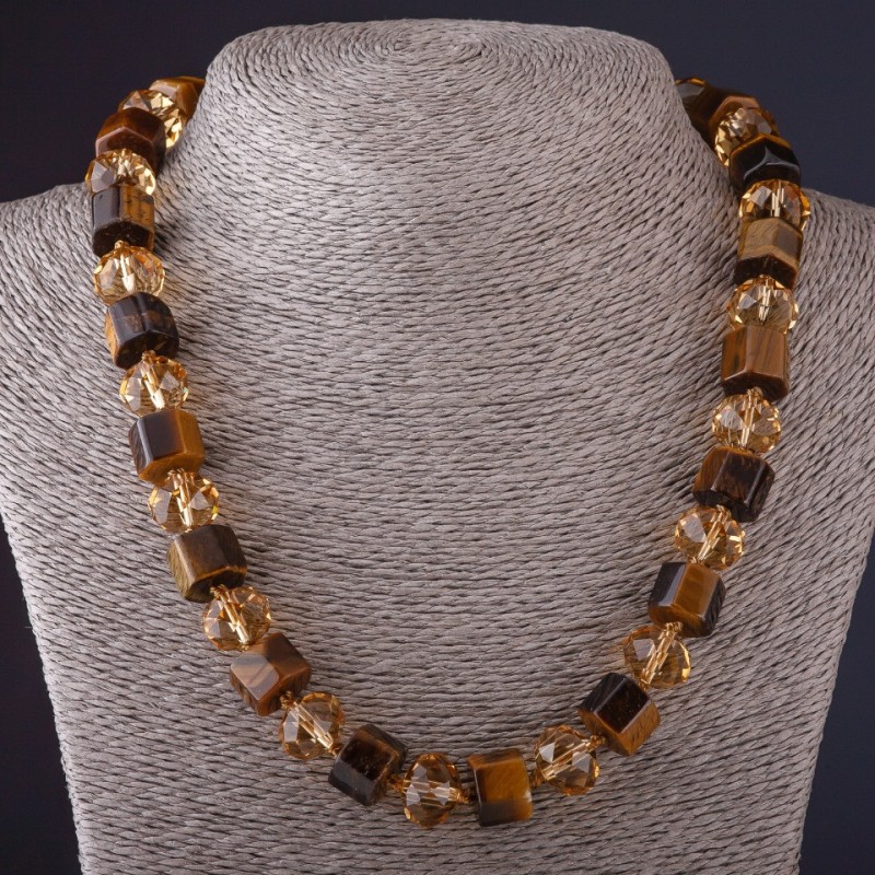 Colier hexagonal, piatră ochi de tigru, „cristal ceh”, lungime 48 cm, diametru 13 mm