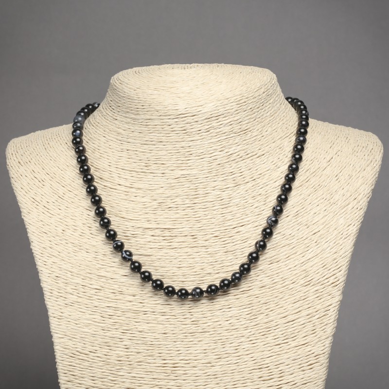 Colier din agat negru, mărgele netede, diametrul de 6 mm, lungime 45 cm+