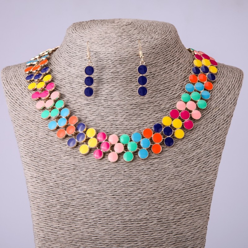 Set colier-guler și cercei cu email multicolor, lungime 45–50 cm
