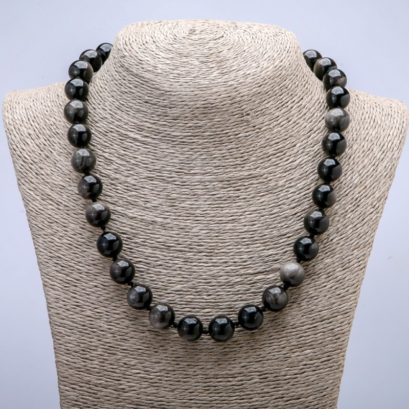 Colier din obsidian argintiu, mărgele netede, diametrul 12 mm, lungime 45 cm+