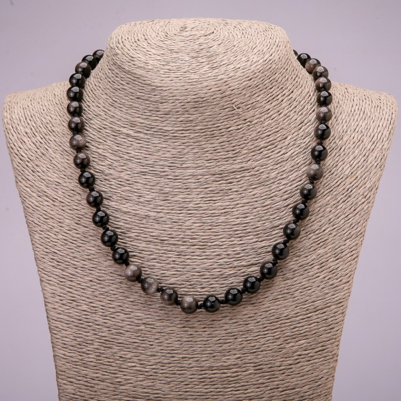 Colier din obsidian argintiu, mărgele netede, diametrul 8 mm, lungime 45 cm +