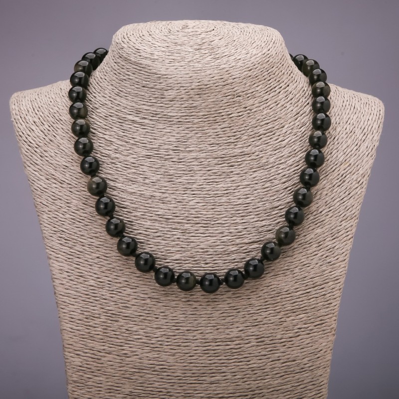 Colier din piatră naturală Obsidian Solar, bilă netedă, diametrul 10 mm, lungime 48 cm