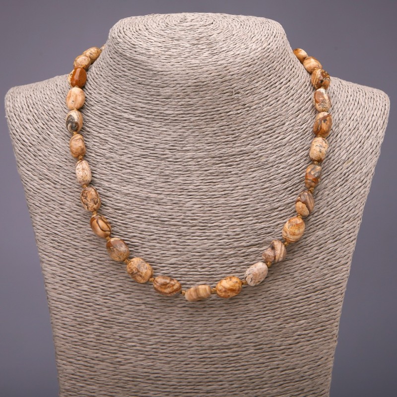Colier din piatră naturală Jasper peisaj – șlefuit rotunjit, diametru 8×10 mm, lungime 48 cm