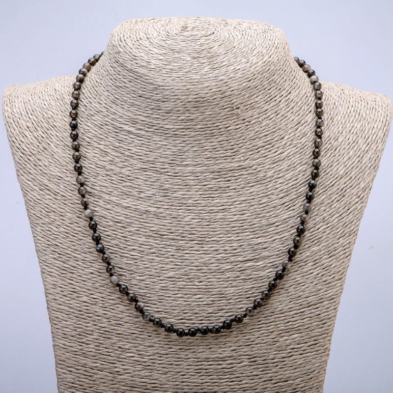 Colier din piatră naturală, obsidian argintiu, mărgele netede, diametru 4 mm, lungime 45 cm+