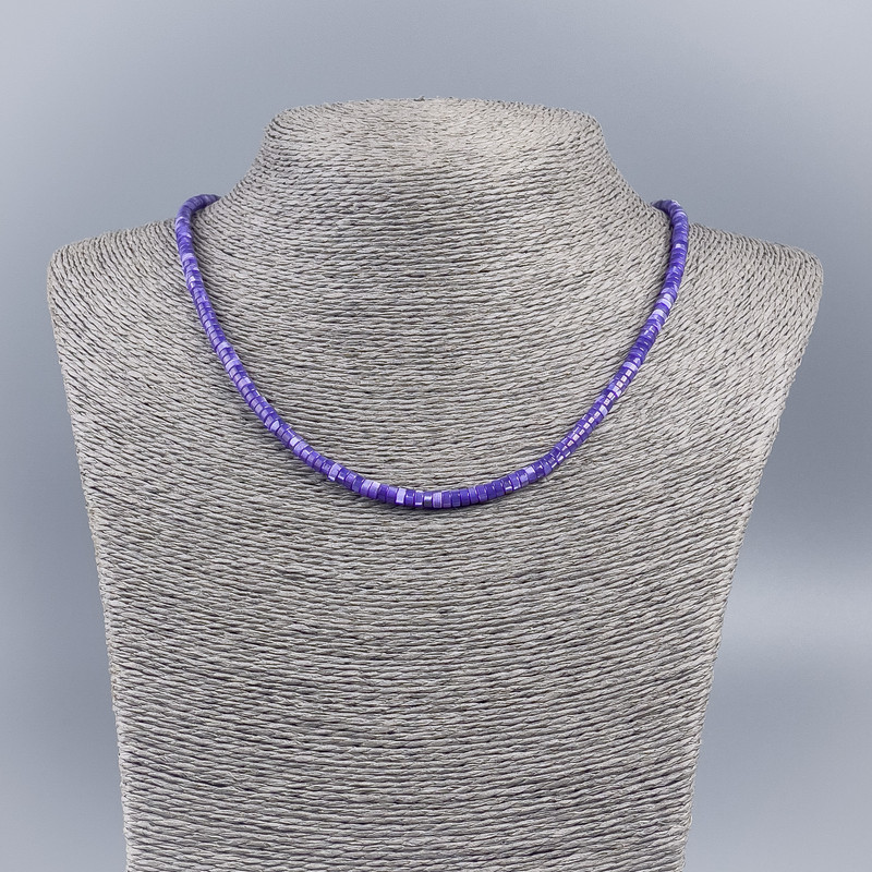 Colier-choker din sidef natural (tonat) mov închis lavandă, rondel neted, diametrul 4x2 mm +-, lungime 48 cm