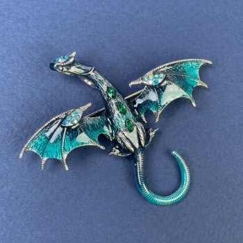 Брошка-кулон Дракон синя емаль з блакитними та зеленими стразами, срібний метал 50х56мм +