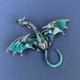Broșă-pandantiv Dragon cu email albastru, cristale albastre deschise și verzi, metal argintiu 50×56 mm +