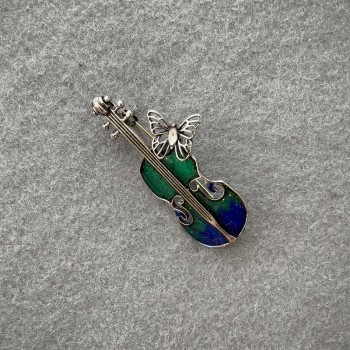 Broșă vioară, albastru deschis și albastru închis, email cu strasuri, metal argintiu, 47x24 mm+