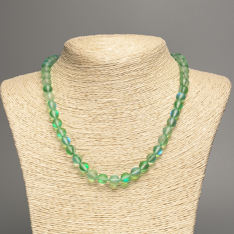 Colier din sticlă opală verde și albastru, efect hameleon mat, mărgele netede, diametrul de 8 mm, lungime 49 cm