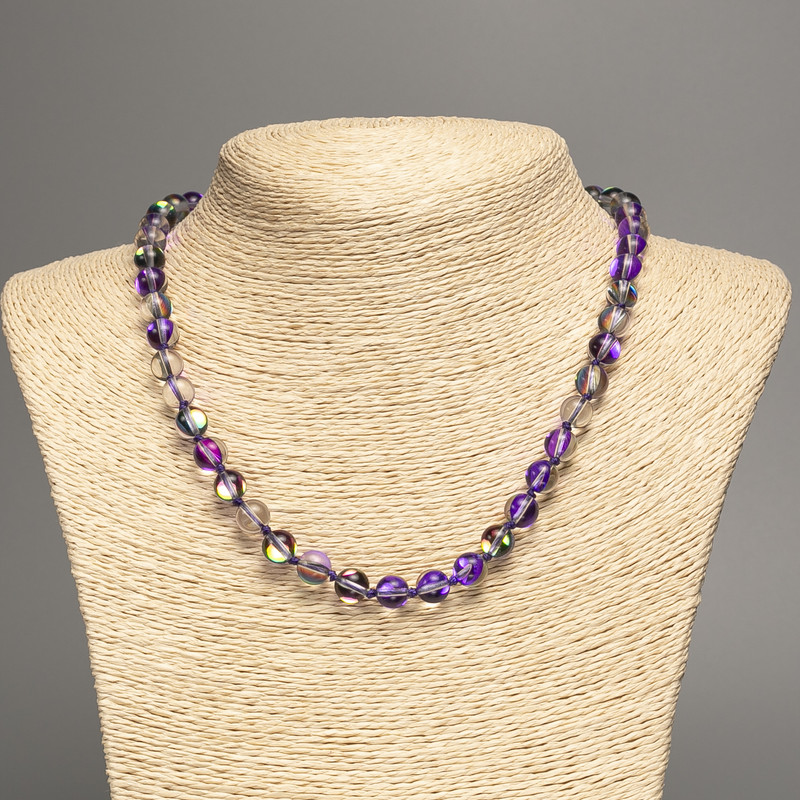 Colier din sticlă opală «Violet camaleon», bile netede, diametru 8 mm, lungime 49 cm