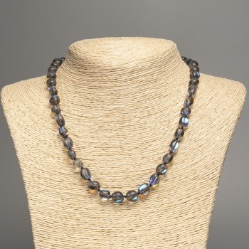 Colier din sticlă opală gri-albastru, în formă de lacrimă, diametrul 8x10 mm, lungime 50 cm