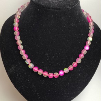 Colier din sticlă opal în nuanță zmeură mată, bile netede, diametru 8 mm (+/-), lungime 49 cm (+)