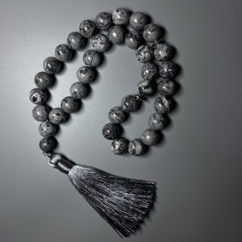 Mătănii din jasper oceanic gri (acrilic artificial) bile lucioase, diametrul 12 mm ±, 33 mătănii, cu inserții metalice