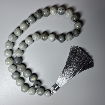 Rozariu din labradorit natural, mărgele netede, diametrul de 12,5 mm, 33 mărgele, cu inserții metalice