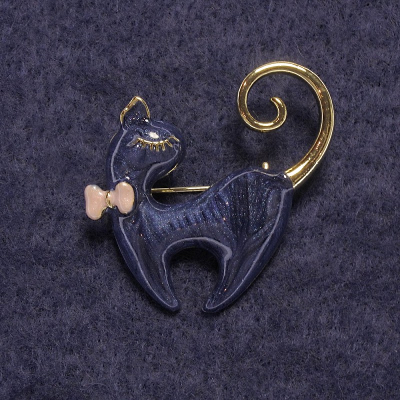 Broșă pisicuță albastră cu sidef, metal auriu 37×38 mm