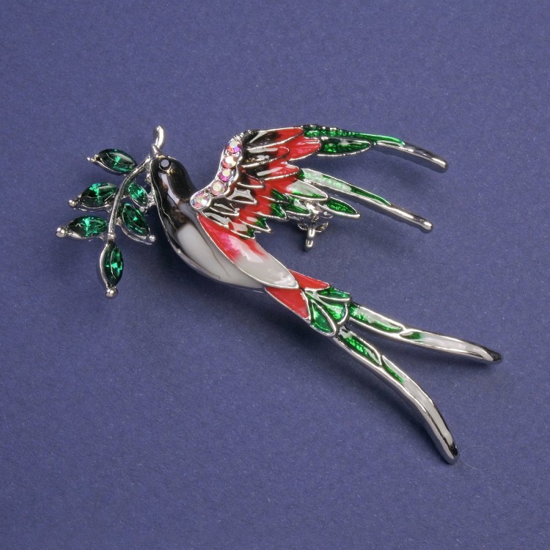 Broșă Rândunică cu crenguță, email roșu și verde, cristale verzi, strasuri roz, metal auriu 62×48 mm