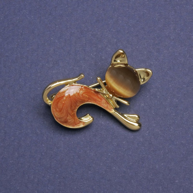 Broșă Pisicuță, ochi de pisică maro închis, perlat bronzat, metal auriu 28×23 mm