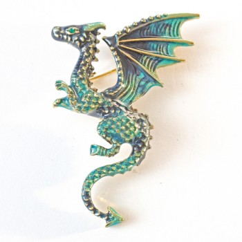 Broșă Dragon verde email, metal auriu, 42×66 mm