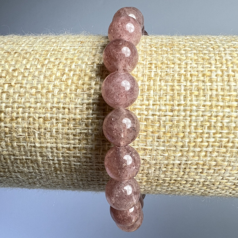 Brățară cu cuarț căpșună, piatră naturală, mărgele netede de 10 mm, lungime 18 cm, pe bandă elastică