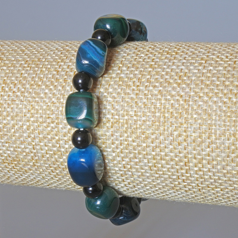 Brățară din agat albastru-verde, piatră naturală, segmente de 9×12 mm, bile netede de 6 mm, lungime 18 cm, elastice