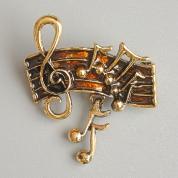 Broșă «Note muzicale» email maro, metal auriu 33x26mm