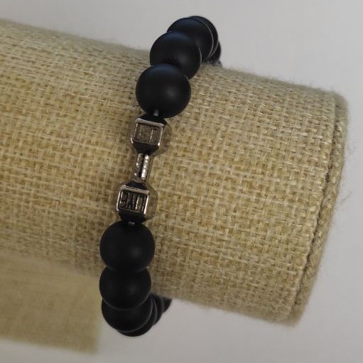 Brățară din șungit sintetic, formă de ganteră, diametrul mărgelelor 10 mm, lungime 18 cm +/- (elastic)
